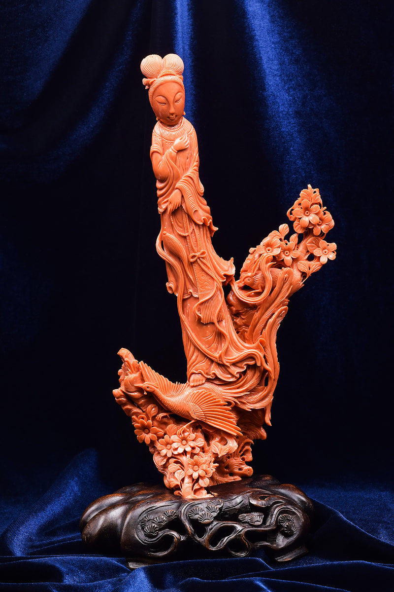 Antique Red Coral Hand Carved Kwan Yin Deity Large Figurine Statue + Wood Stand