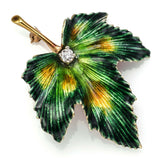 Vintage 14K Yellow Gold 0.20 Ct Diamond Enamel Leaf Brooch Pin