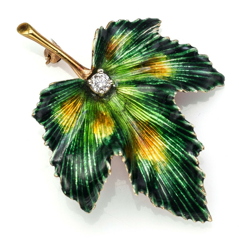 Vintage 14K Yellow Gold 0.20 Ct Diamond Enamel Leaf Brooch Pin