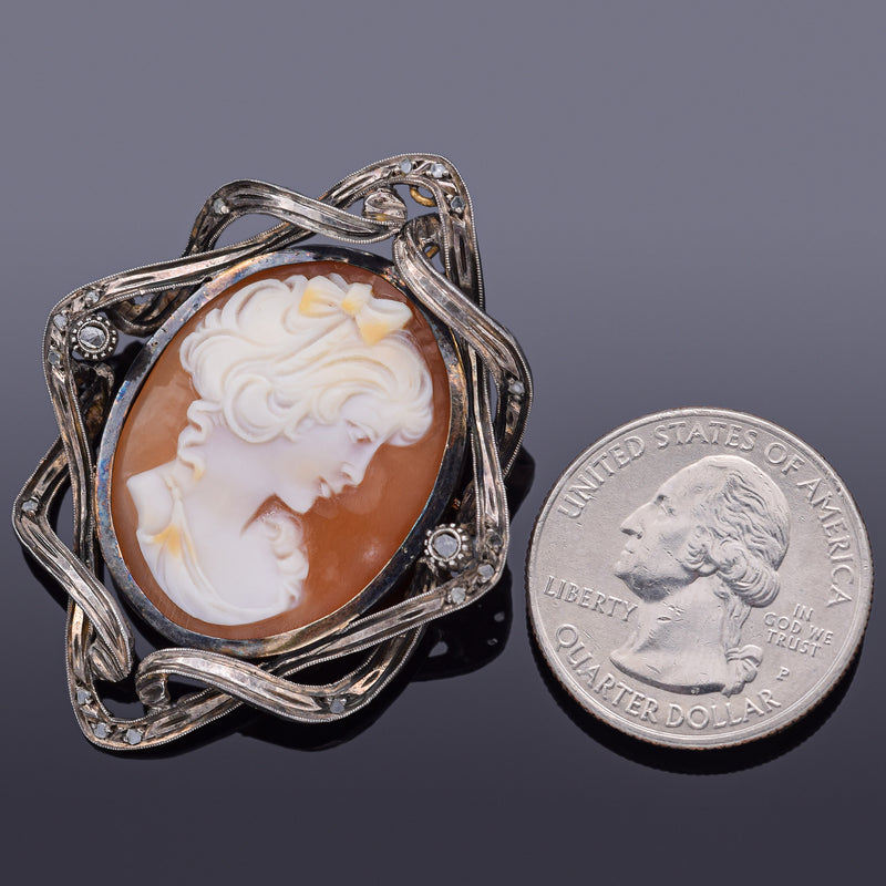Antique 18K Gold & Sterling Silver Cameo Shell Diamond Brooch Pin Pendant 11.6G