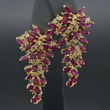 Vintage 14K Yellow Gold Ruby & 0.60TCW Diamond Large Cluster Drop Earrings