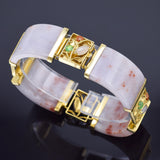 Vintage 14K Yellow Gold Lavender & Red Jade Wide Link Bracelet