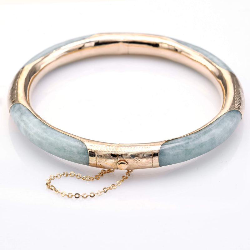 Vintage 14K Yellow Gold Green Jade Hinged Bangle Bracelet