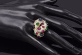Vintage 18K Gold Sapphire Ruby Emerald & 3.77 TCW Diamond Cluster Cocktail Ring