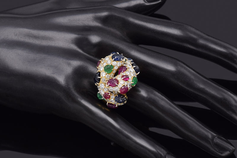 Vintage 18K Gold Sapphire Ruby Emerald & 3.77 TCW Diamond Cluster Cocktail Ring