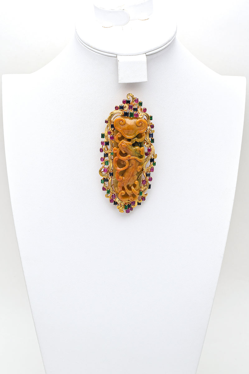 $15,000 Appraised 14K Gold Jadeite Jade, Ruby, Sapphire & Emerald Brooch Pin