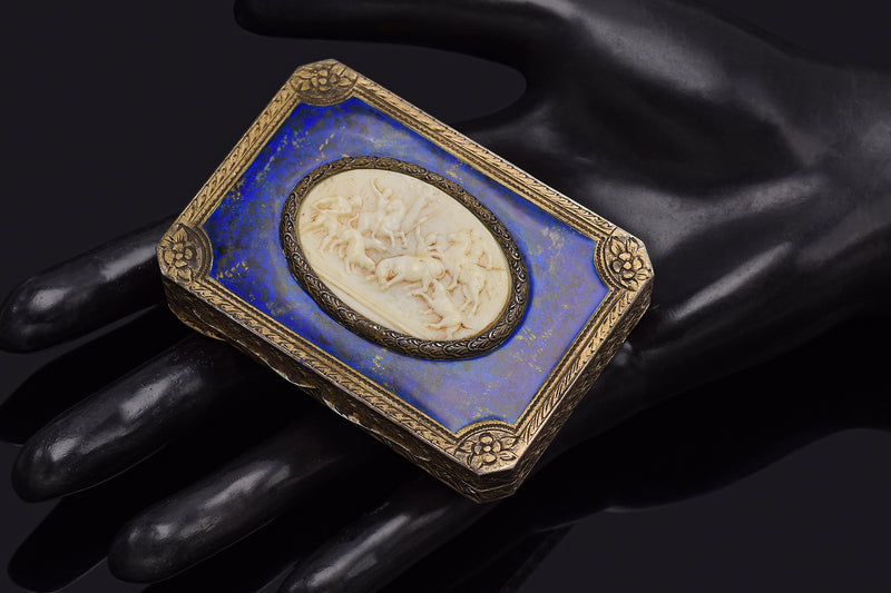 Antique Sterling Silver & Gilt Lapis Inlay Etched Trinket Case Box