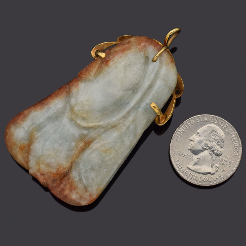 Vintage 14K Yellow Gold Pale Green Red Jade Large Carved Fruit Pendant 52.6Grams
