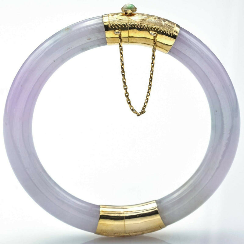 Vintage 14K Yellow Gold Lavender & Green Jade Hinged Bangle Bracelet