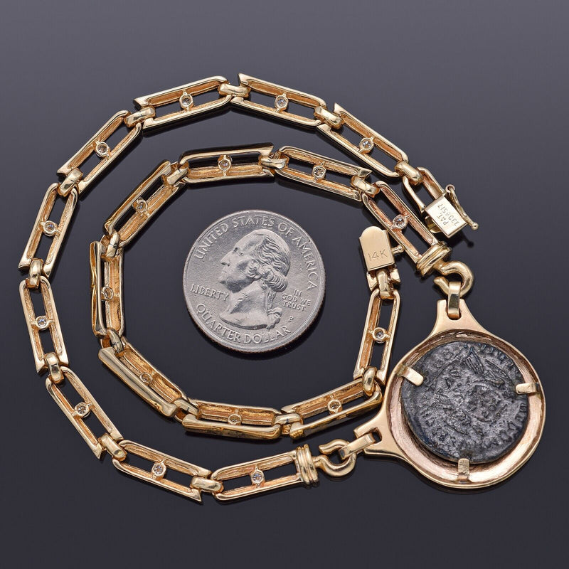 Vintage 14K Gold 0.90 TCW Diamond Ancient Roman Coin Necklace 43.0 Grams 15"