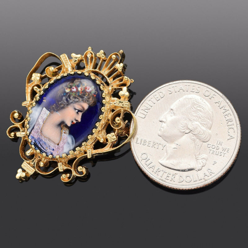Antique French 14K Yellow Gold Hand Painted Portrait Brooch Pin Pendant 8.8Grams