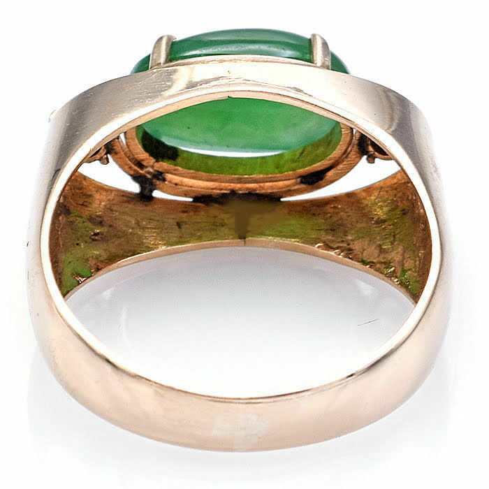 Vintage 14K Yellow Gold 2.61 Ct Green Jade & Diamond Band Ring