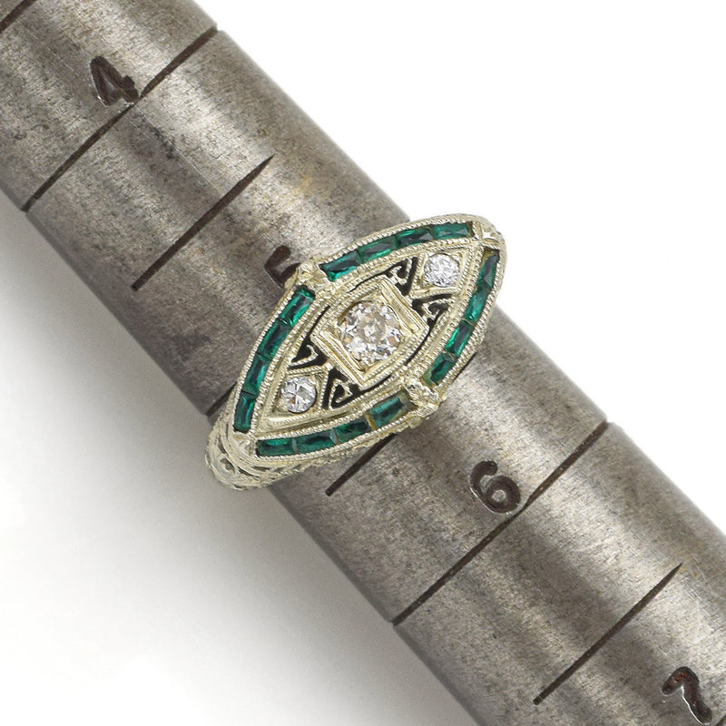 Antique 18K White Gold Diamond & Green Paste Art Deco Band Ring