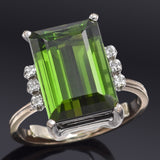 Vintage 18K Gold 7.62 Ct Green Tourmaline & Diamond Cocktail Ring 6.2 Gr F/G VS
