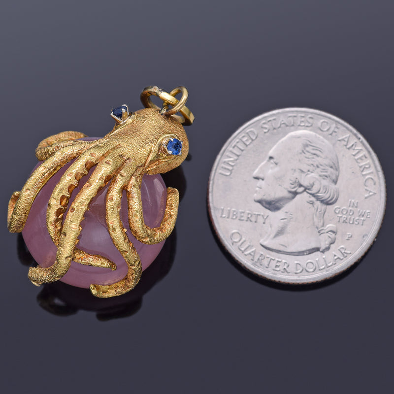 Vintage 18K Yellow Gold Rose Quartz & Sapphire Octopus Ball Pendant 18.9 Grams