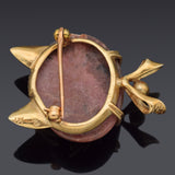 Vintage 14K Yellow Gold Pink Brown Ocean Jasper & Green Paste Cat Brooch Pin