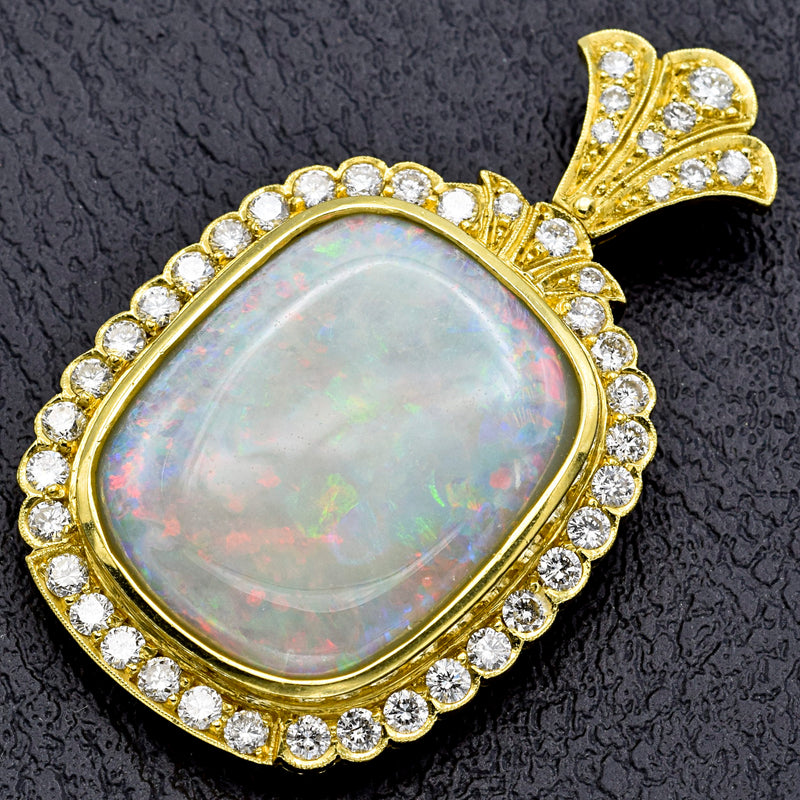 Vintage 18K Yellow Gold Opal & Diamond Pendant H/I SI-1