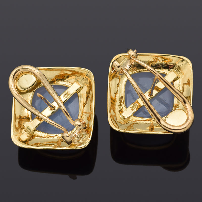 Vintage 18K Yellow Gold 23.30 TCW Chalcedony Omega-Back Square Earrings