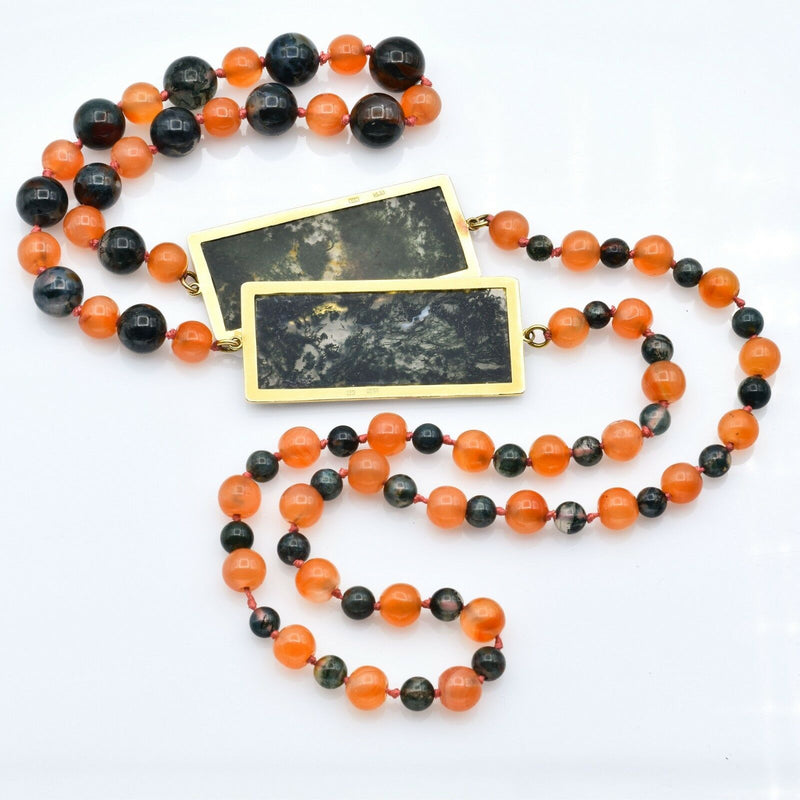 Vintage 14K Yellow Gold Moss Agate & Carnelian Strand Beaded Necklace