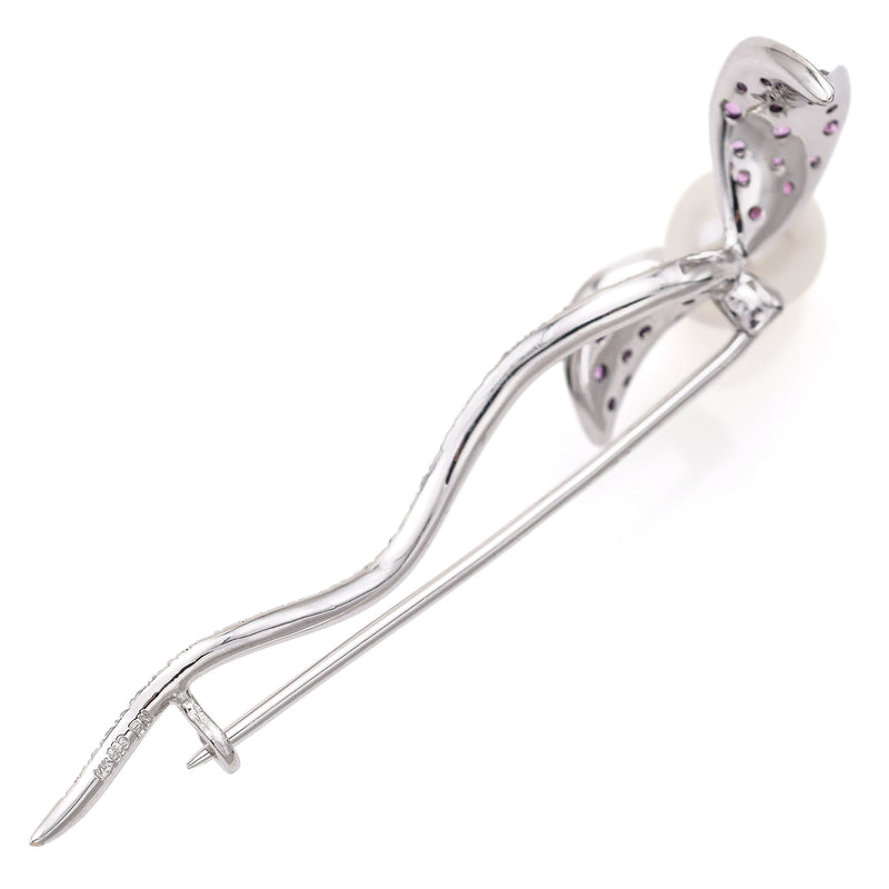 Vintage 14K White Gold Sea Pearl, Pink Sapphire & Diamond Floral Brooch Pin