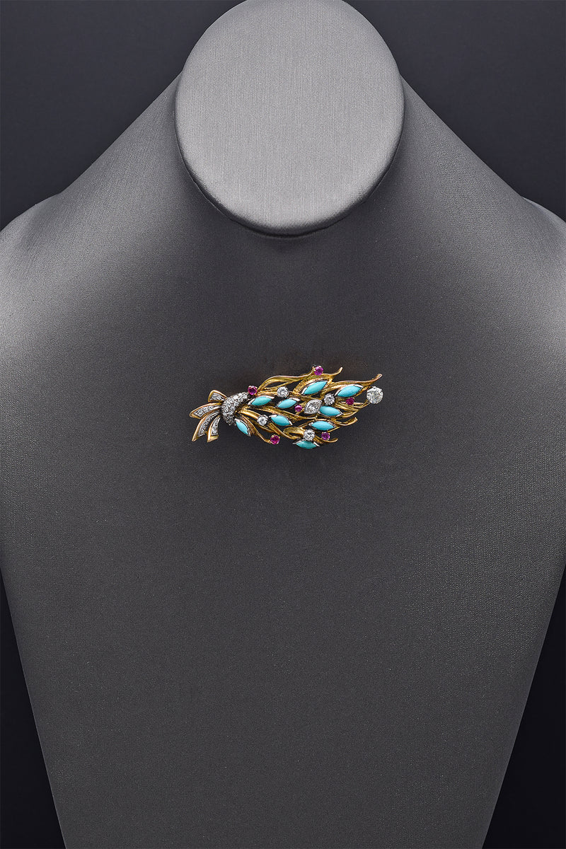 Vintage 14K Yellow Gold Turquoise, Ruby & 1.87 TCW Diamond Brooch Pin 14.0G