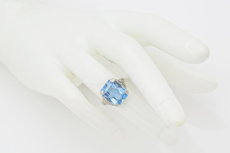 Antique Platinum 6.26 Ct Blue Topaz & Diamond Cocktail Ring