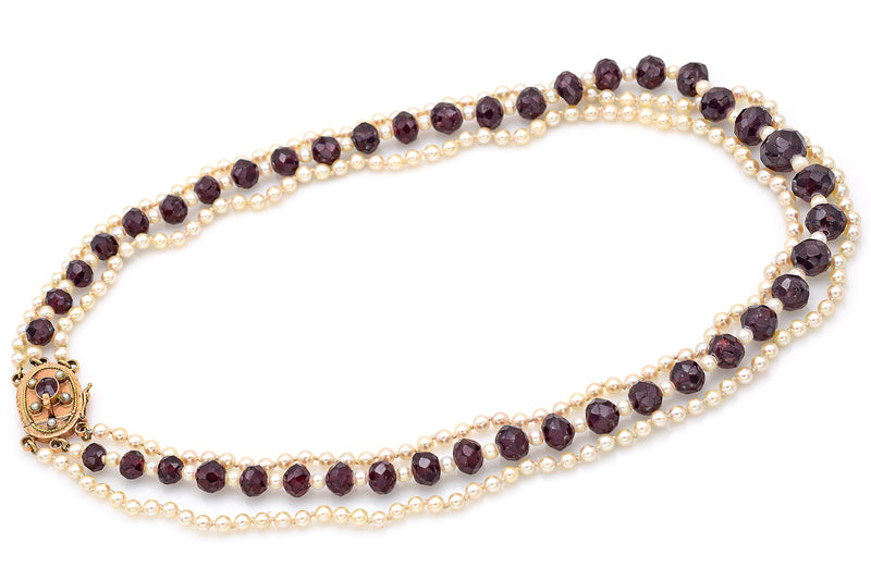 Antique 14K Yellow Gold Garnet & Sea Pearl Beaded Multi-Strand Necklace