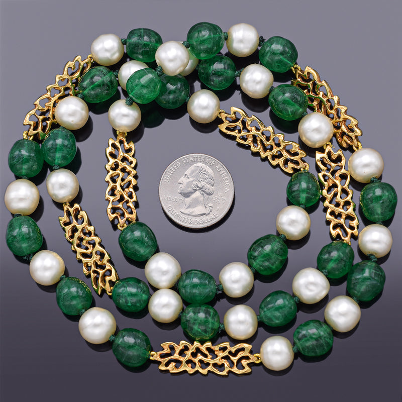 Vintage 18K Gold Green Venetian Glass & Pearl Long Beaded Strand Necklace 32"