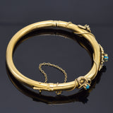Antique Victorian 14K Gold Turquoise & Sea Pearl Hinged Bangle Bracelet