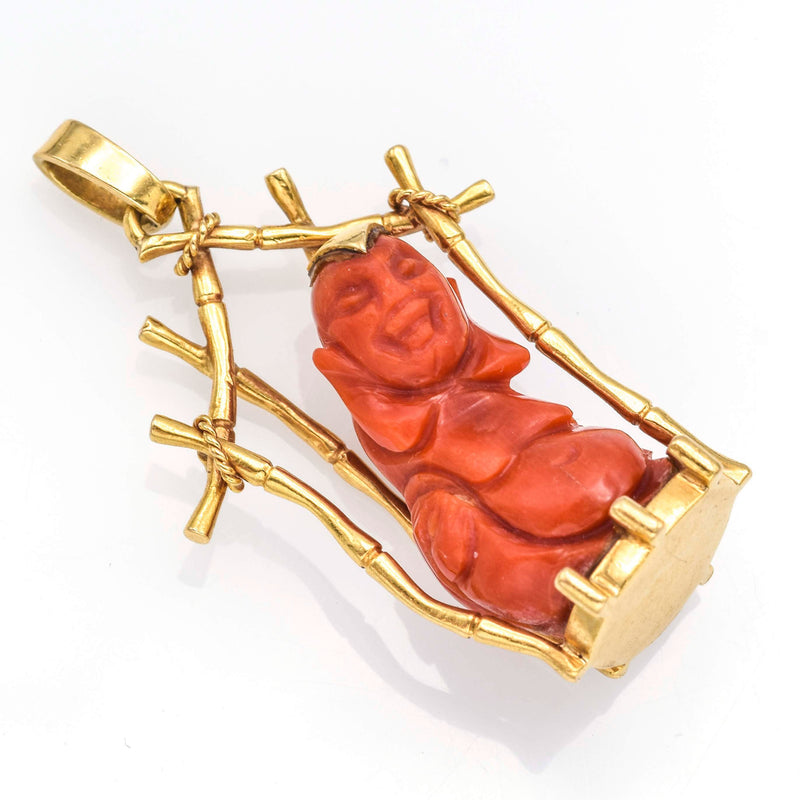 Vintage 18K Yellow Gold Carved Red Coral Happy Buddha Pendant