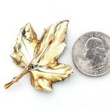 Vintage 14K Yellow Gold 0.20 Ct Diamond Enamel Leaf Brooch Pin