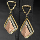 Vintage 14K Yellow, Rose & White Gold Etched Geometric Dangle Earrings