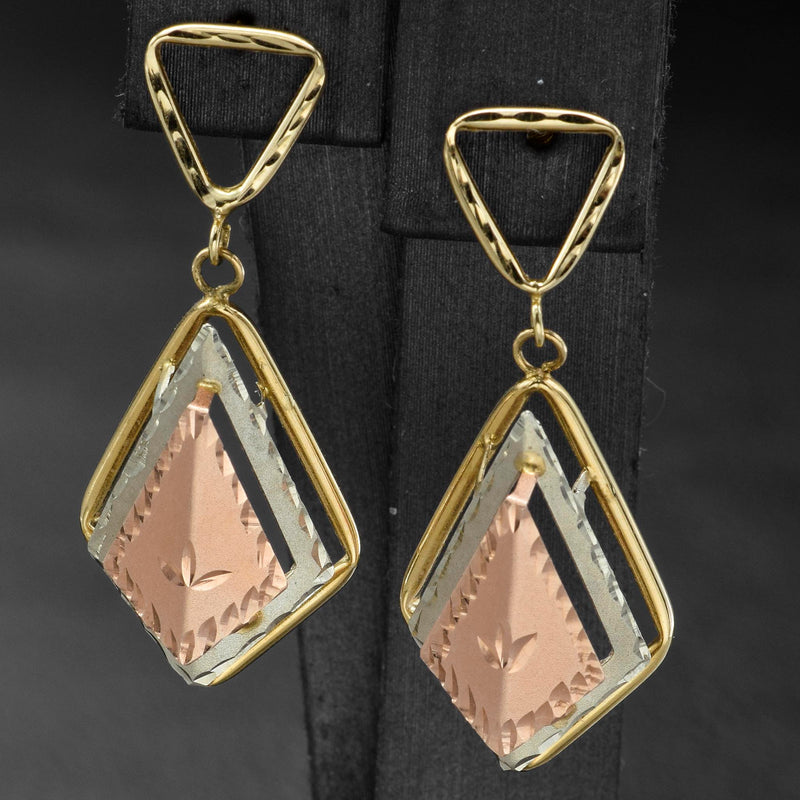 Vintage 14K Yellow, Rose & White Gold Etched Geometric Dangle Earrings