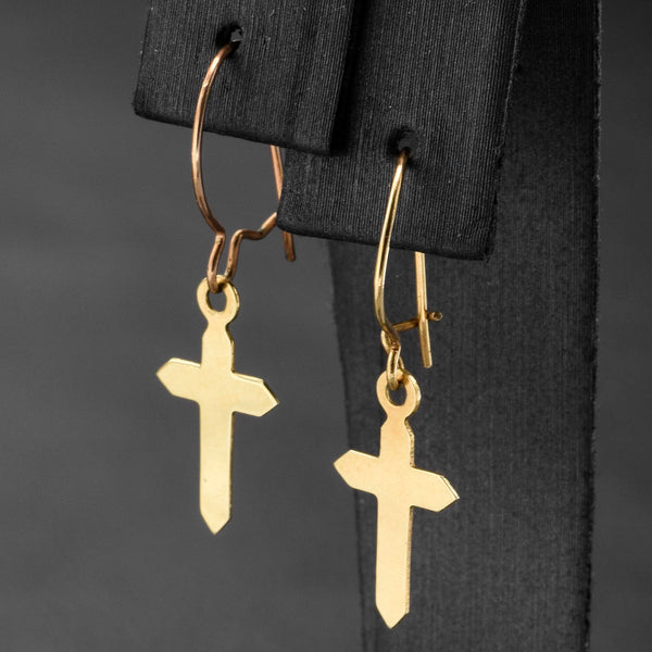 Vintage 14K Yellow Gold Cross Dangle Kidney-Wire Earrings