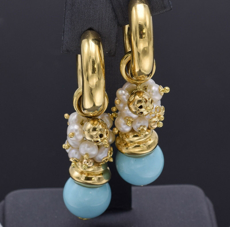 Vintage 18K Gold Turquoise Sea Pearl Drop Dangle Interchangeable Earrings 26.5G