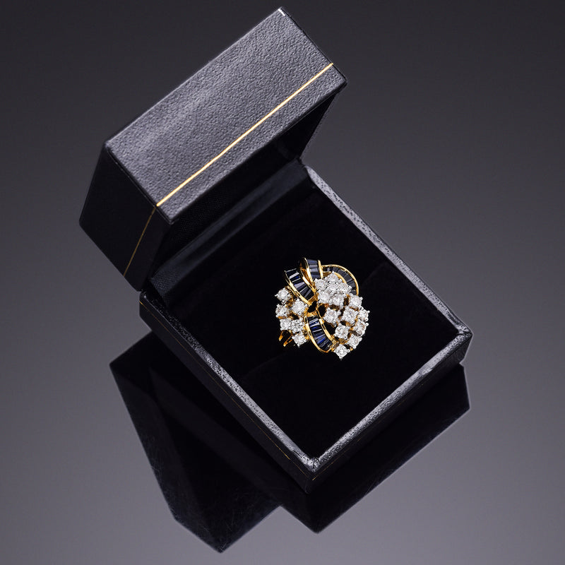 Vintage 18K Yellow Gold Blue Sapphire & 1.17 TCW Diamond Cocktail Ring + Box