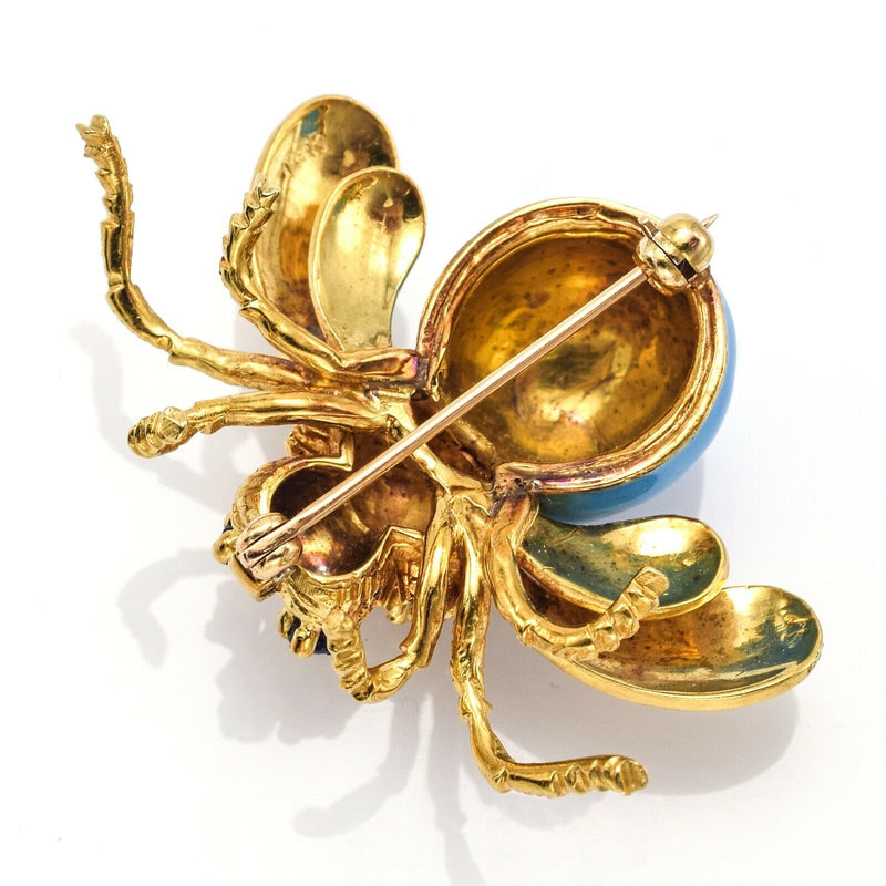 Vintage 18K Gold Sleeping Beauty Turquoise & Sapphire Bee Brooch Pin