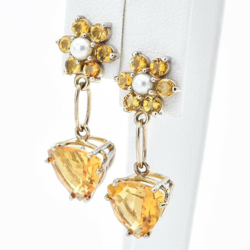 Antique 14K Yellow Gold 7.00 TCW Citrine & 3.5 mm Sea Pearl Dangle Earrings