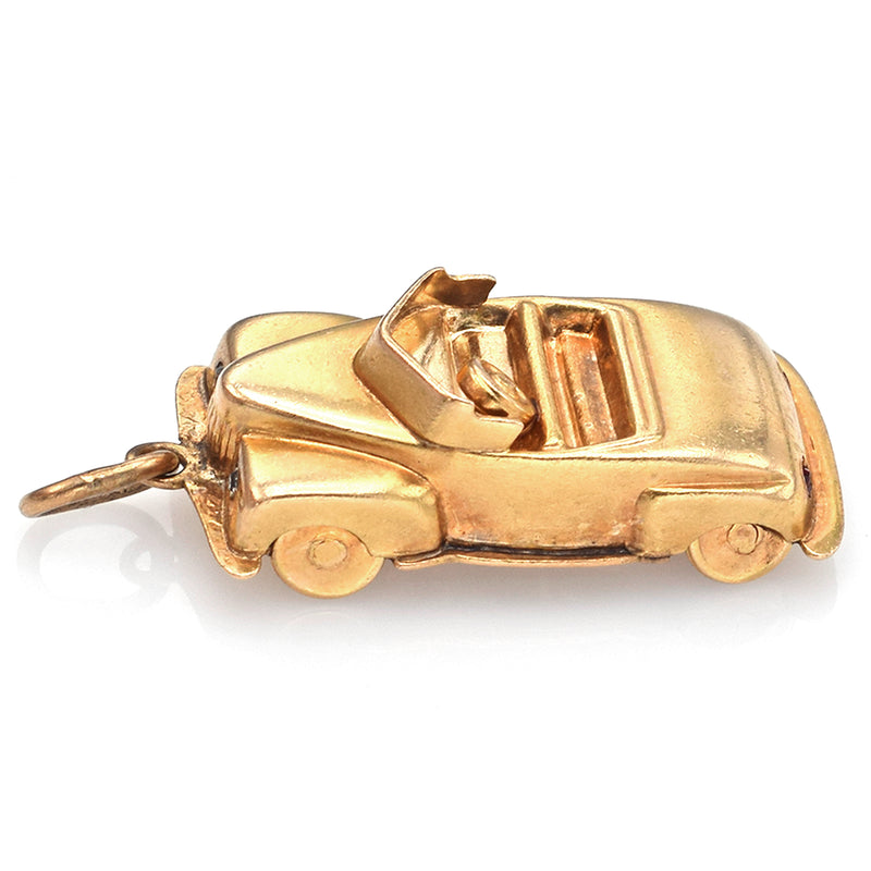 Vintage 14K Yellow Gold CZ Convertible Car Charm Pendant with Moving Wheels