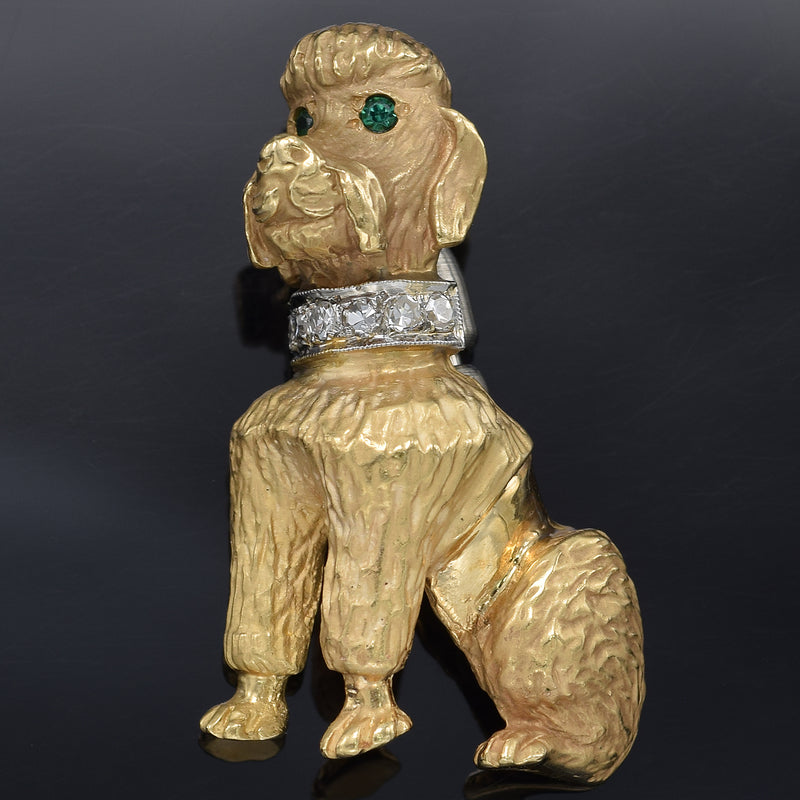 Vintage 14K Yellow Gold Emerald & Diamond Poodle Dog Brooch Pin