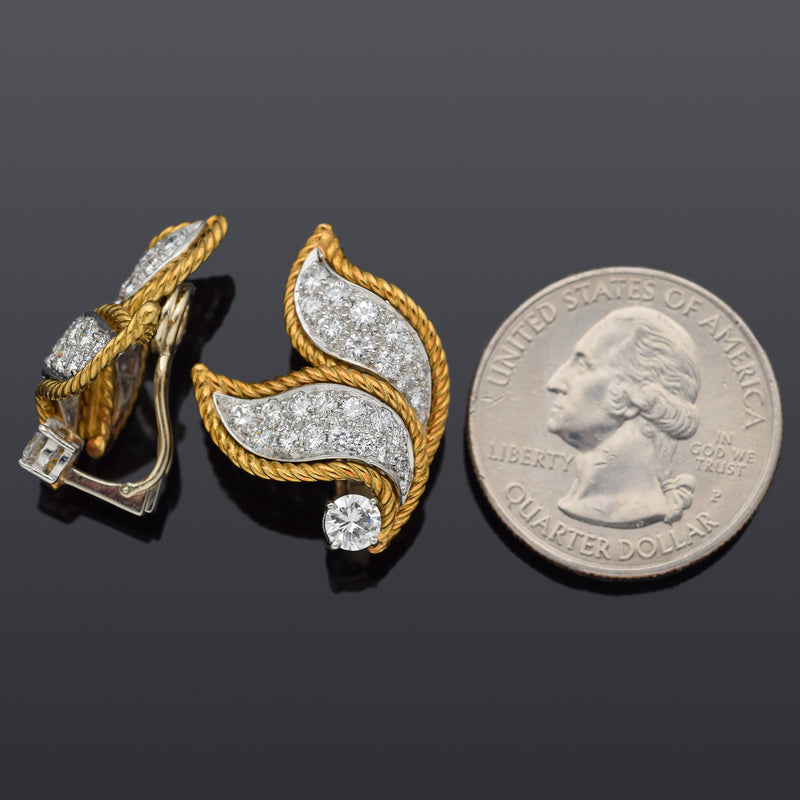 Vintage Platinum & 18K Gold 2.31 TCW Diamond Floral Clip on Earrings