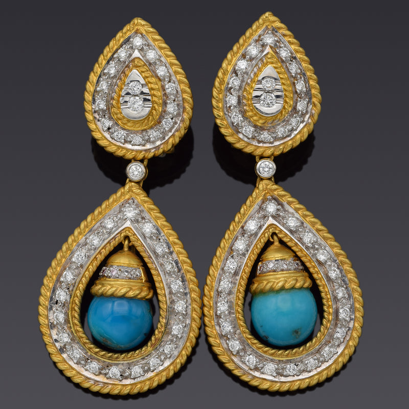 Estate 18K Yellow Gold Robins Egg Turquoise & 1.70 TCW Diamond Drop Earrings