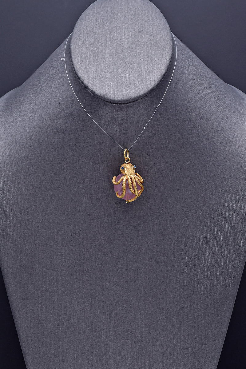 Vintage 18K Yellow Gold Rose Quartz & Sapphire Octopus Ball Pendant 18.9 Grams