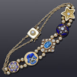 Antique Museum Company 14K Gold Blue Topaz & Diamond Slide Charm Bracelet + Box