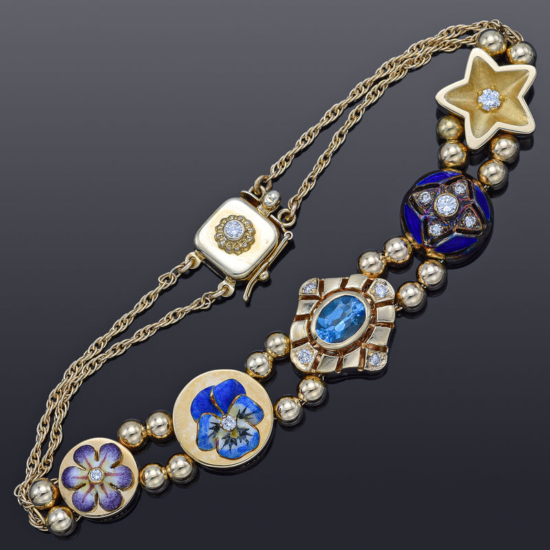 Antique Museum Company 14K Gold Blue Topaz & Diamond Slide Charm Bracelet + Box