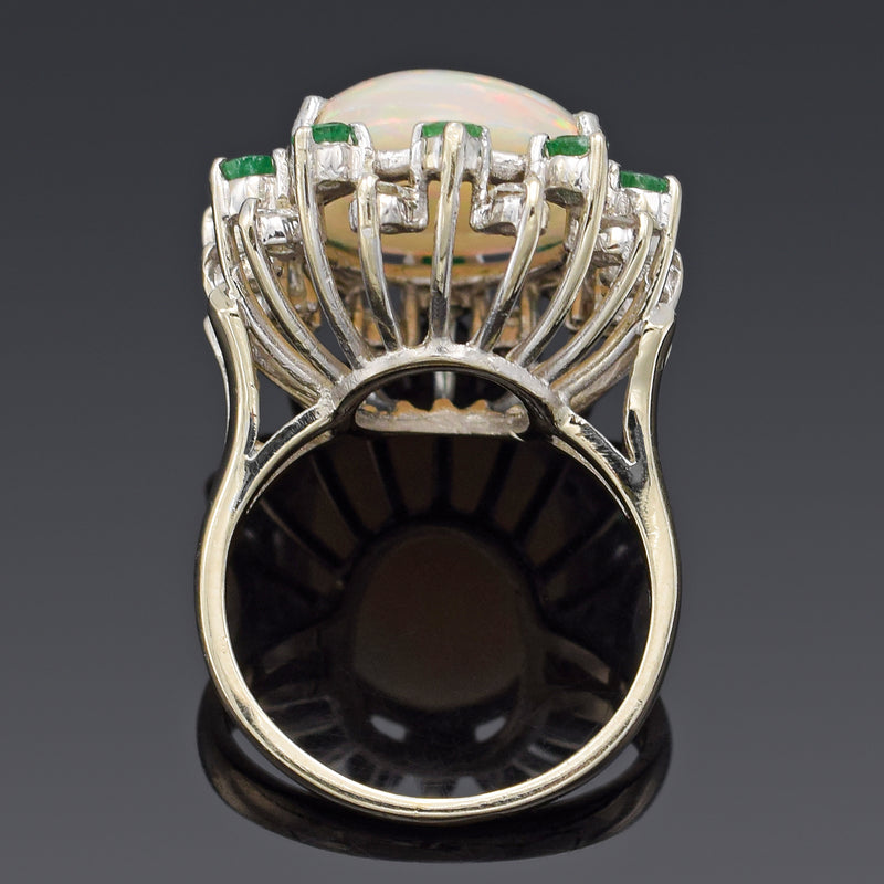 Vintage 14K White Gold 6.99 Ct Opal, Emerald & 0.40 TCW Diamond Cocktail Ring