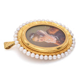 Antique 18K Gold Italy Sea Pearl & Diamond Hand Painted Portrait Brooch Pendant