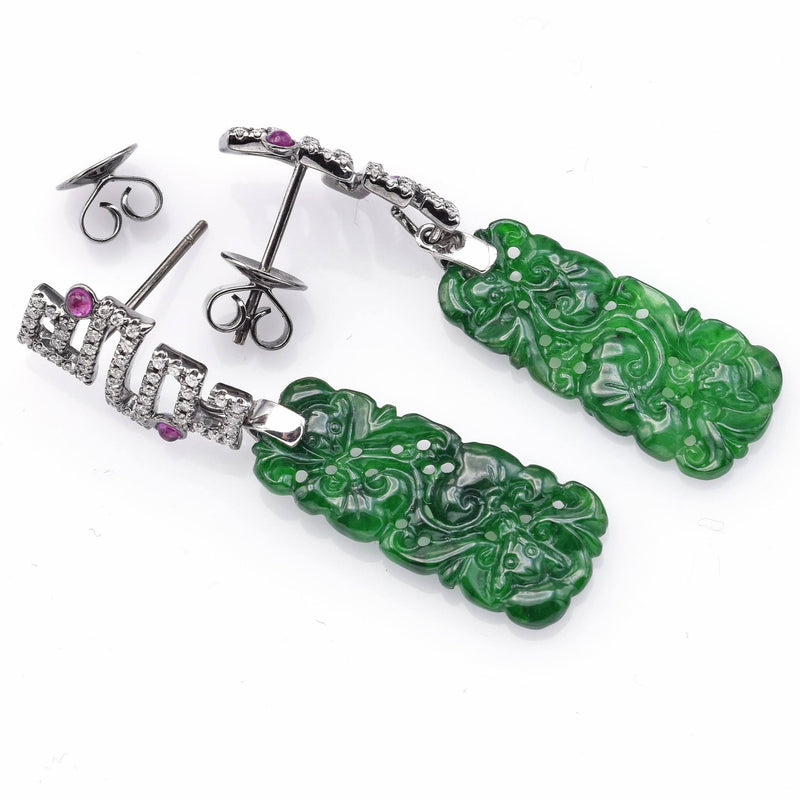 Vintage 18K Gold Black Rhodium Imperial Grade A Jade, Diamond & Ruby Earrings