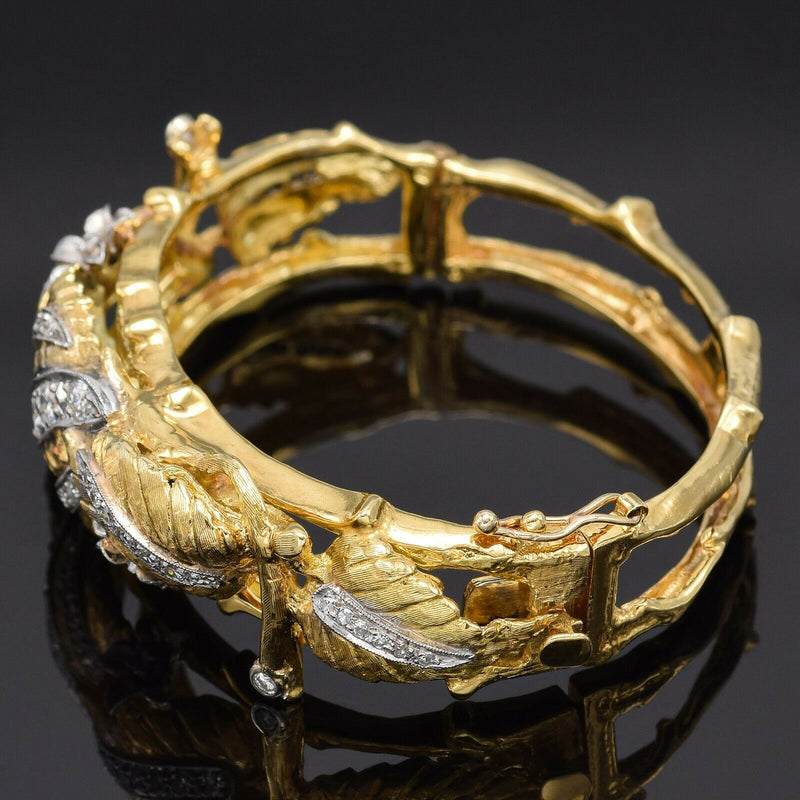 Vintage 18K Gold & Platinum 1.29 TCW Diamond Floral Hinged Bracelet 47.0G F-H VS