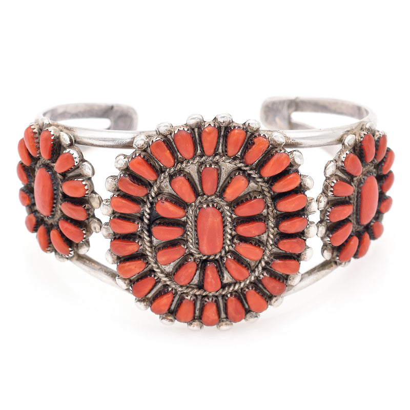 Vintage Marie Donna Besselente Zuni Sterling Silver Red Coral Cuff Bracelet
